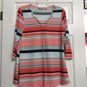 Coral Bay Striped Tunic Top NEW Chain at Neck 3/4 sleeves women’s Size Small
